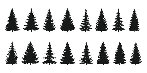 Fototapeta premium Forest trees set. Isolated vector silhouette. Coniferous forest. Christmas tree, fir-tree, pine, pine-tree, Scotch fir, cedar. A minimalist vector graphic illustration of a mountain landscape with pin