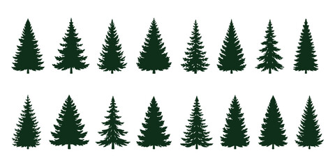 Forest trees set. Isolated vector silhouette. Coniferous forest. Christmas tree, fir-tree, pine, pine-tree, Scotch fir, cedar. A minimalist vector graphic illustration of a mountain landscape with pin ©  