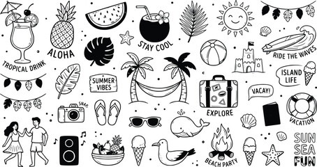 Hand drawn summer beach doodles set, black and white tropical vacation icons, cute travel clip art collection in EPS format for seasonal branding © Ali
