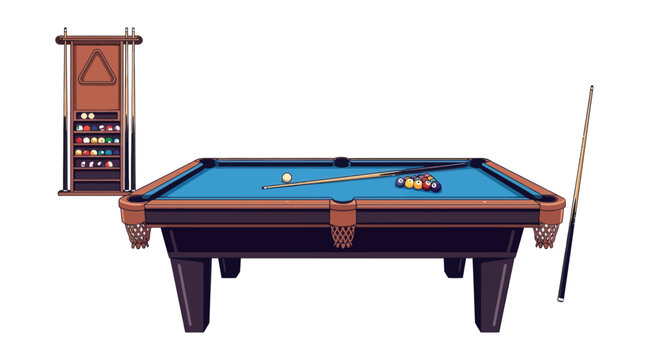 Billiard pool table and wooden wall rack with cue sticks and balls isolated on white background, vector illustration
