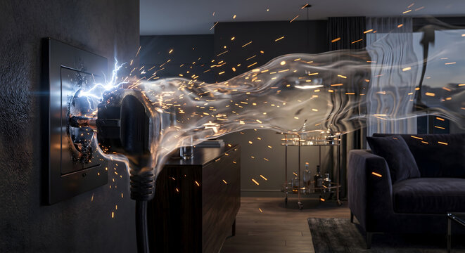 Single black power plug sparking and smoking at wall socket in dark living room with light trails and heat distortion in blurred background.