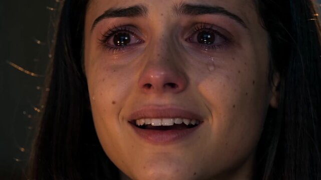 Close up of a young woman crying with a smile expressing mixed emotions