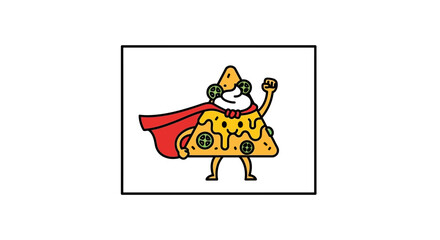Fototapeta premium Superhero Pizza Slice Character with Red Cape, Fist Raised in Victory