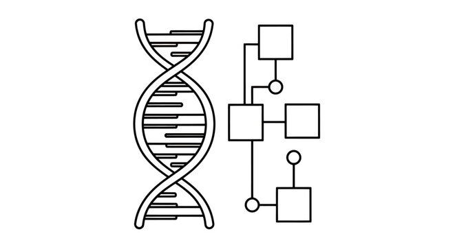 DNA double helix with a graphical flow diagram representing genetics and data flows.