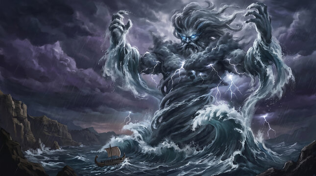 Mythical storm god of raging waves and dark clouds unleashes primal power over turbulent sea, threatening a small ship caught in a fierce tempest