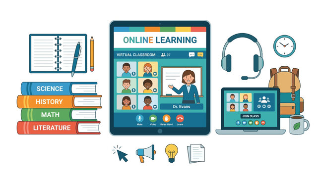 Students engage in online learning with laptops and books in classroom setting