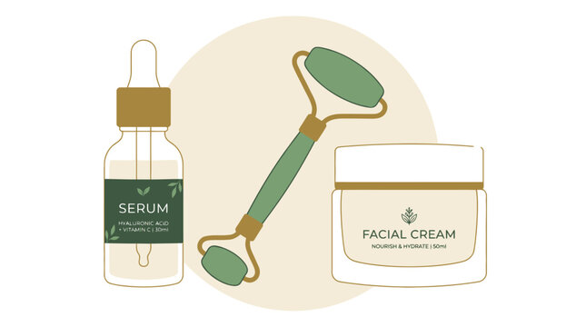 Skincare products arranged on a table with a green jade roller and cream