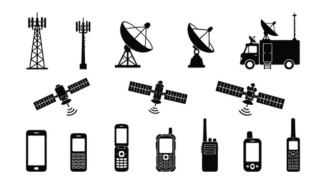Set of black silhouette icons representing telecommunication technology systems