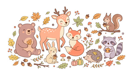 Obraz premium Charming collection of cute woodland animals surrounded by autumn leaves and seasonal elements for illustrative design projects