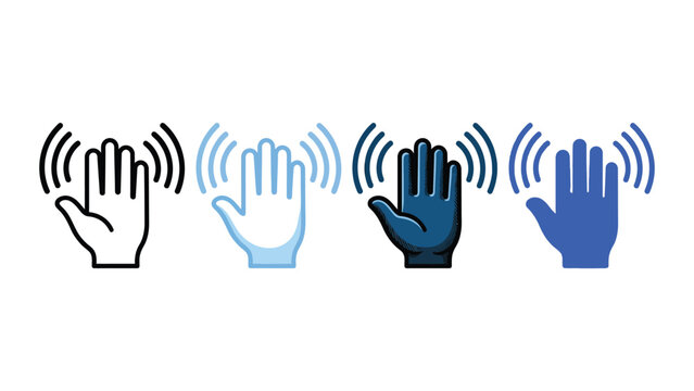 Four stylized waving hand icons featuring various blue color palettes and graphic line art designs