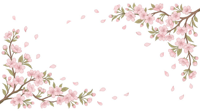 Delicate japanese floral border design featuring cherry blossoms and petals for elegant graphic applications