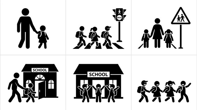 Set of six black and white illustrations depicting school and child safety symbols for educational materials