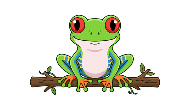 Cartoon red eyed tree frog sitting on a branch with bright colors and playful expression for nature