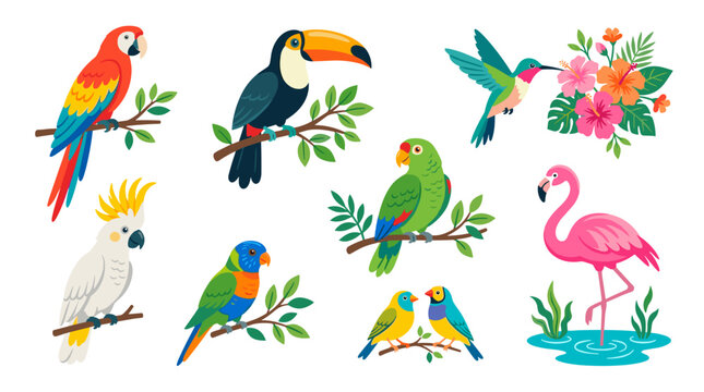Vibrant collection of tropical birds and flowers in a flat vector style for creative designs