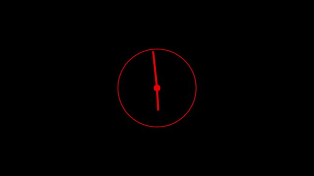 RED clock on black background animation day time. 4k video Alpha channel.
