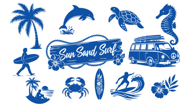 Blue summer surf icons and tropical beach elements set