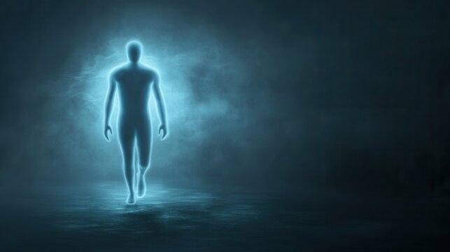 Glowing Spirit Figure Walking in Ethereal Blue Light