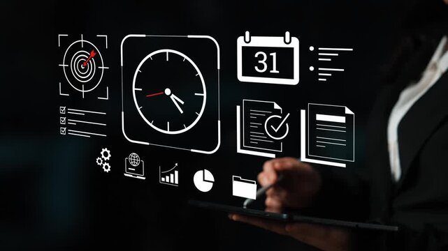 Professional Businesswoman Analyzing Data on Digital Tablet with Interface Elements in Modern Office Setting Gluon.