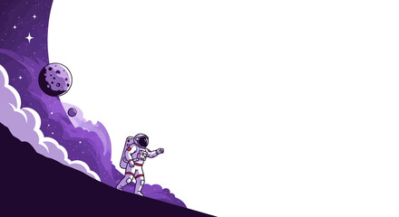 Astronaut walking on alien planet with purple nebula and stars. © Fumio