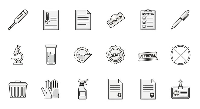 Quality Control Icon Set with Inspection Checklist, Expiration Tag, Sealt, and Approvel Stamps