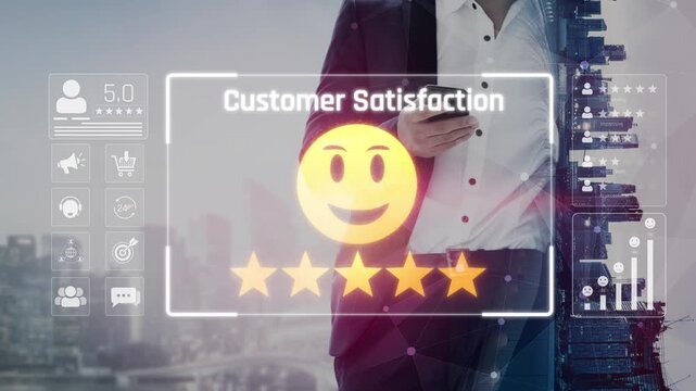Customer feedback and satisfaction rating system showing star review, happy face, performance score, and service evaluation to improve customer experience Marrow