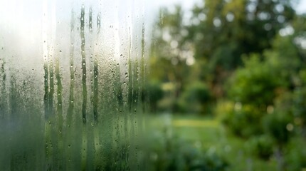 Close up of condensation water droplets on window glass with blurred green garden background on a humid morning © Dharmadi