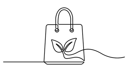 Obraz premium Continuous single line drawing of an eco friendly shopping bag with a green leaf symbol for sustainable fashion and natural products