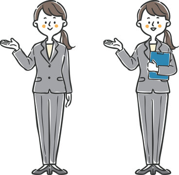スーツを着た女性社員2が案内しているイラスト　全身　ベクター