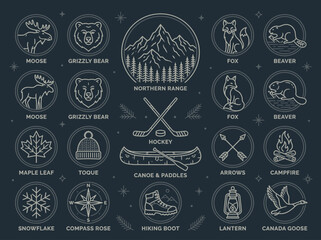 Vintage Canadian Wilderness Line Art Icons with Wildlife and Outdoor Adventure Symbols © Juna