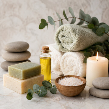 Serene Spa Still Life With Towels Soap And Candle