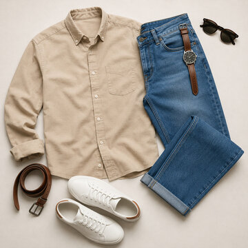 Casual Fashion Flat Lay With Shirt Jeans And Sneakers