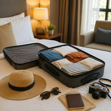 Travel Preparation With Open Suitcase In Hotel Room