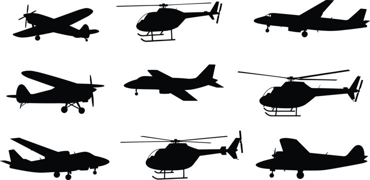 Aircraft silhouette, airplane icon, helicopter shape, aviation design, flying vehicle, jet profile, propeller plane, black figure, transport art, minimal stylev