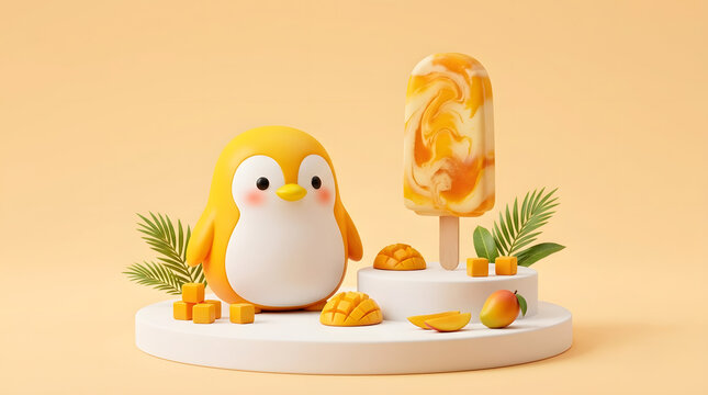 Cute 3D illustration of a yellow penguin with a mango popsicle on a podium, summer dessert concept, pastel orange background