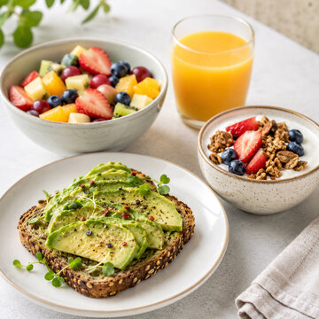 Healthy Breakfast With Avocado Toast Fruit And Yogurt