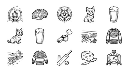 British Countryside Icons: Yorkshire Terrier, Flat Cap, Beer, Cricket, Cheese, Train © Gereh