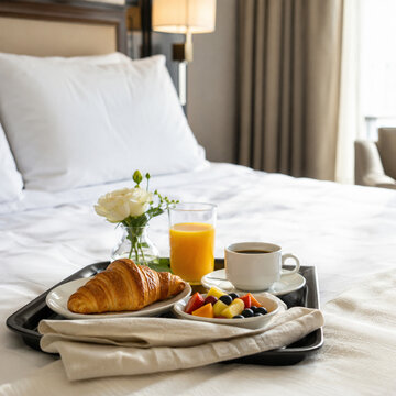 Hotel Breakfast Tray With Croissant Coffee And Fruit