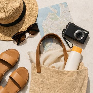 Summer Travel Essentials Flat Lay With Hat And Camera