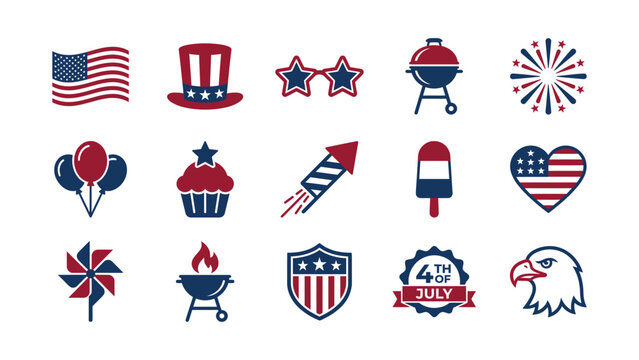 Patriotic independence day celebration icon set featuring national symbols in flat vector design