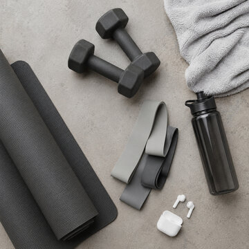 Minimal Workout Gear Flat Lay With Yoga Mat And Dumbbells