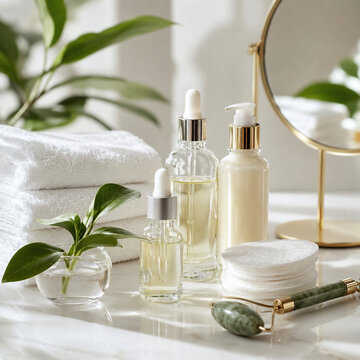Skincare Vanity With Serum Bottles And Jade Roller