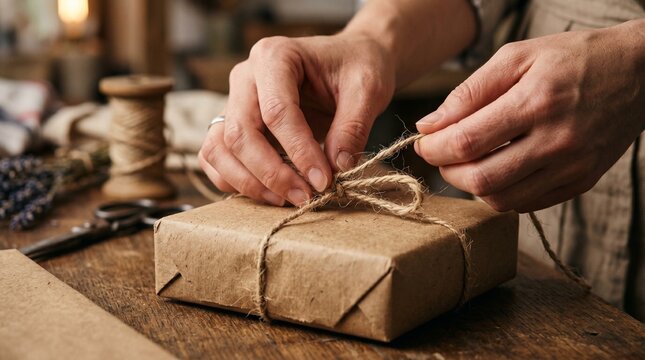 Hands tying twine around a gift wrapped in brown paper on a wooden table