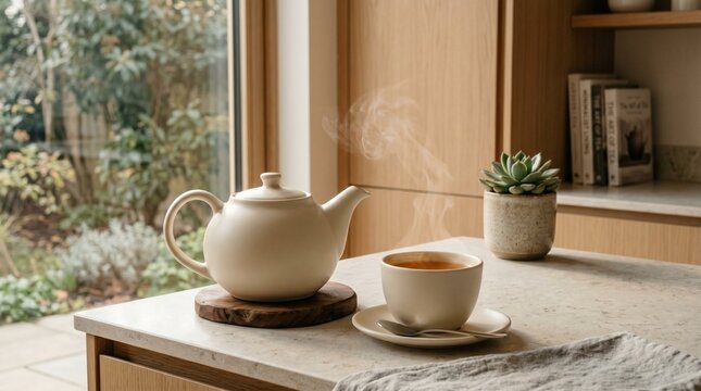Cozy kitchen scene with steaming teapot and of tea next to a succulent plant and books