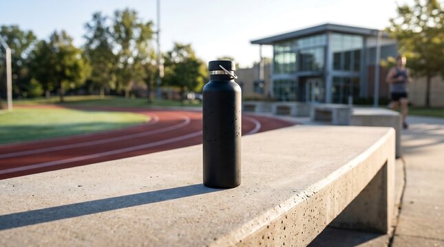 Black water bottle on concrete bench near running track with blurred runner and modern building