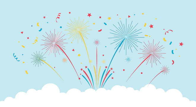 Flat vector illustration featuring colorful firework bursts, red and yellow stars, and confetti streamers rising above white stylized clouds on a light blue background.