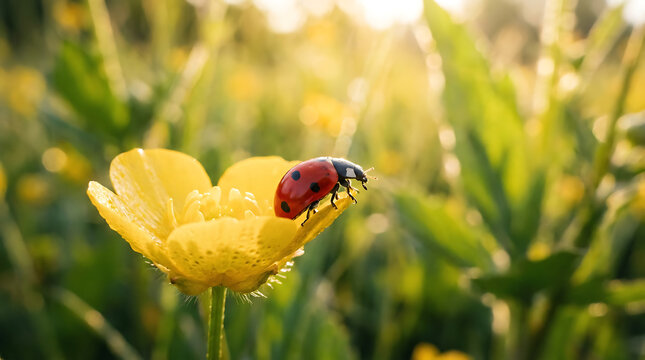 A ladybug lands on a bright yellow flower in a lush green garden with sunlight.