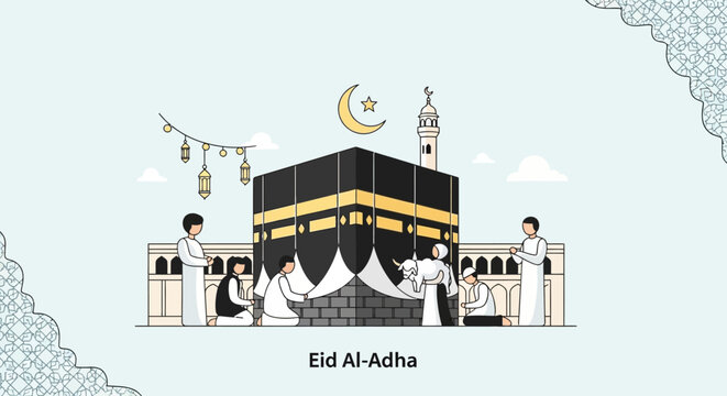 Sacred Kaaba Shrine With Pilgrims In Mecca.