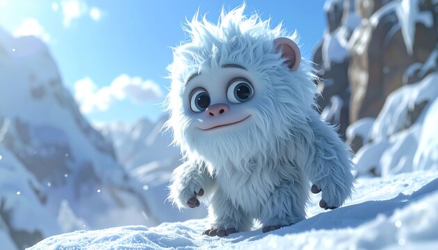 A friendly cartoon yeti in snowy mountains.