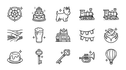 Vintage Icons Set: Yorkshire Rose, Cake, Dog, Train, Landscape, Beer, Castle, Flags, Hot Air Balloon © Gereh