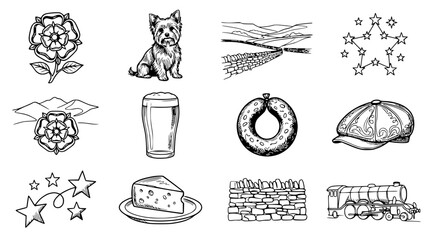 Yorkshire Icons Collection: Rose, Dog, Landscape, Beer, Cheese, Train, Flat Cap © Gereh